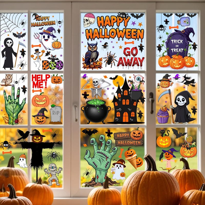 Backtopeia Halloween Window Cling Stickers | Halloween Decorations Party Decorations Indoor Outdoor Décor Accessories Party Favors Supplies Craft Gift Idea For Kids Adult Pumpkin Skull Skeleton Spider - 8 Sheets - Image 1